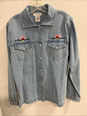 Susan Graver Light Denim Jacket with Pink Floral Embroidery